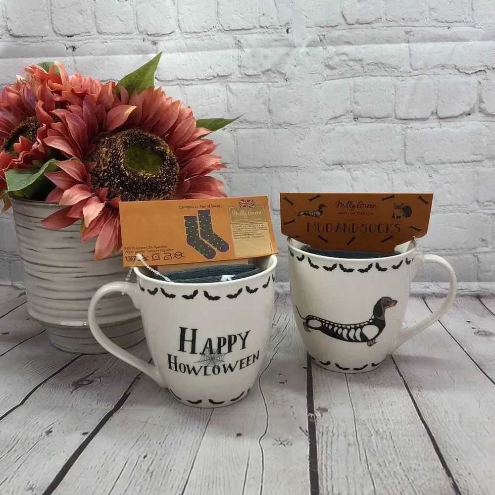 Milly green dachshund as skeleton mug and sock set
